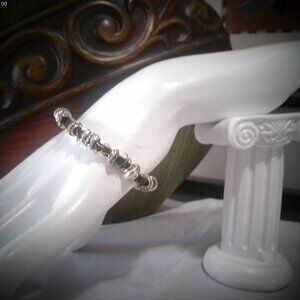 CUSTOM DESIGN BRACELET Black Leather w/ Copper Overlay & Beads Size 7"